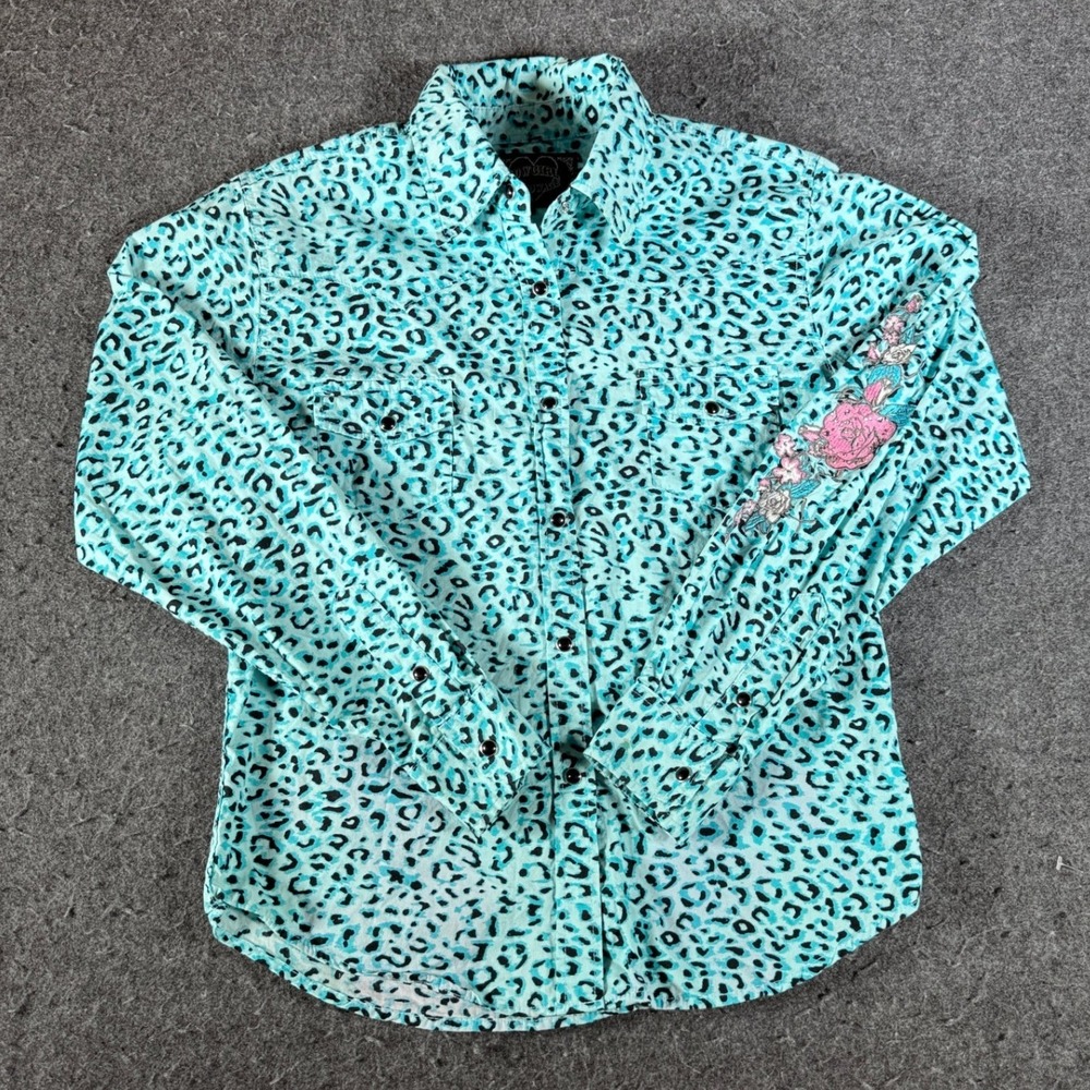 Cowgirl Hardware Western Snap Shirt Turquoise Leopard Floral Embellished Large